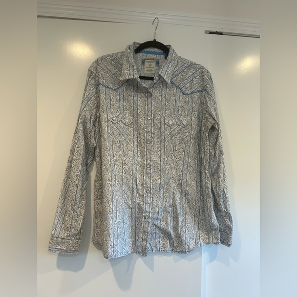 Panhandle Rough Stock Women’s Blue Collared Paisley Pearl Snap Sz Xl - Picture 2 of 10